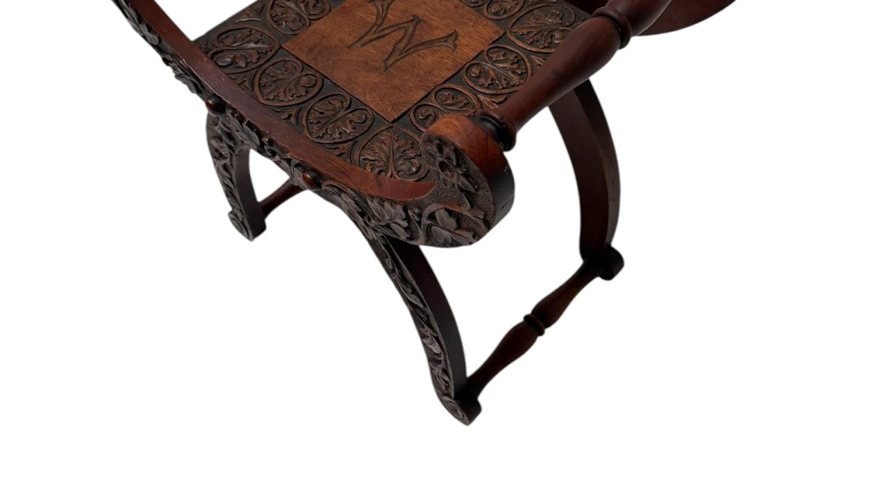 Art Nouveau Walnut Savonarola Hand-Carved Stool, 1900s